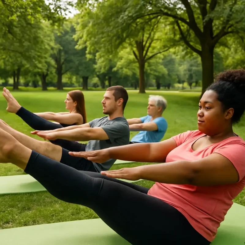Pessoas praticando Pilates em um parque verde em Mogi, ambiente acolhedor e comunitário.