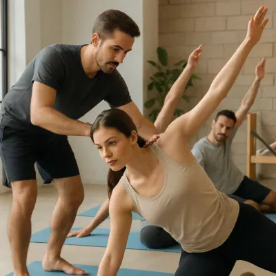 Instrutor e alunos praticando pilates juntos em um estúdio aconchegante. Pilates Como Começar