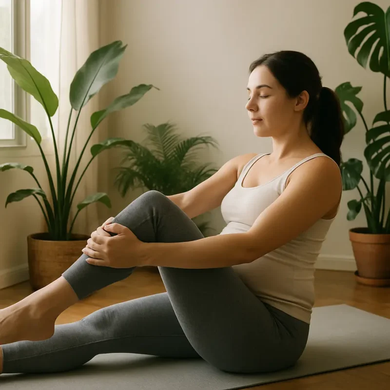 Mulher grávida fazendo exercícios de pilates rodeada por plantas e luz natural. Pilates Gestantes Mogi